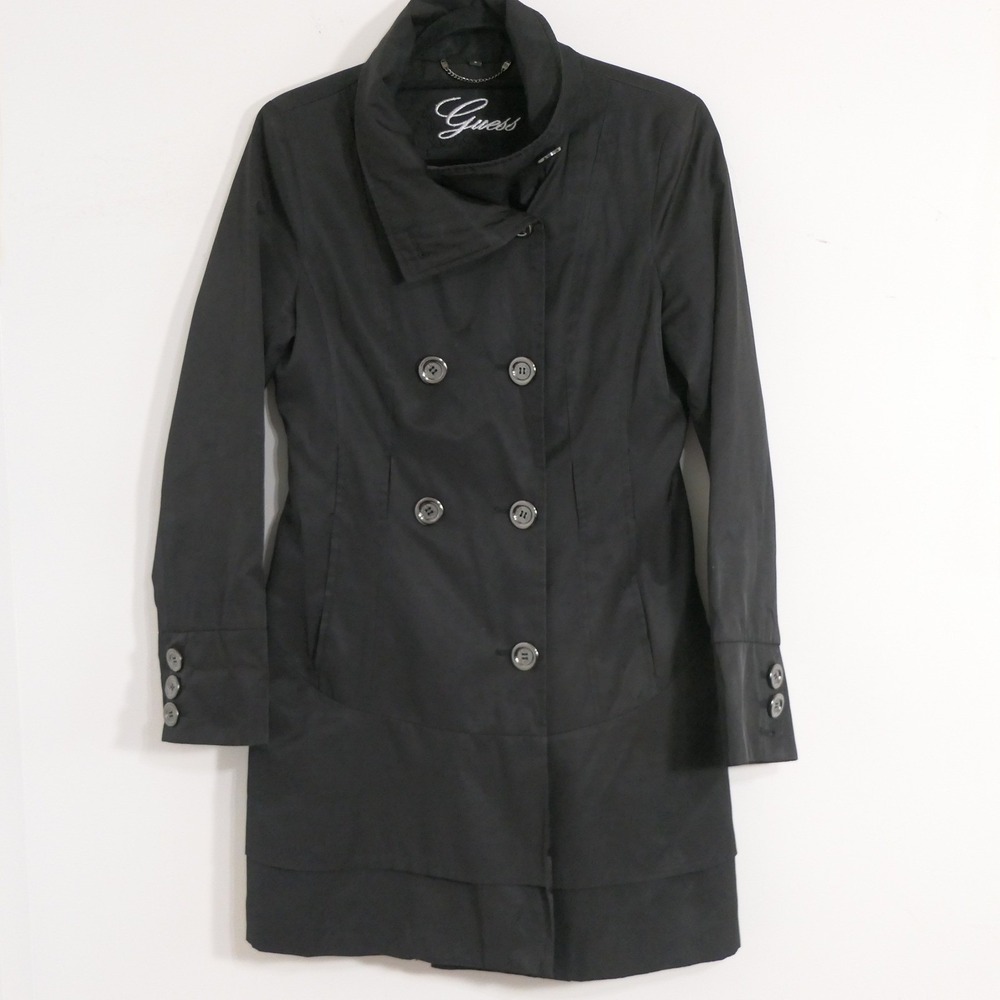 Guess Womens Trench Coat S Black‎ Double Breasted Ruffle Hem Gothic Victorian